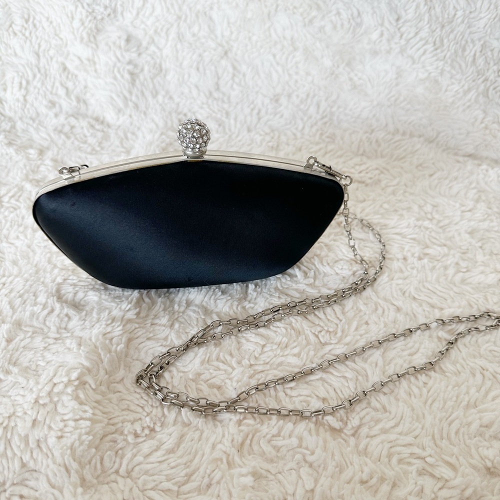 Black Satin Structured Clutch with Jewel Clasp